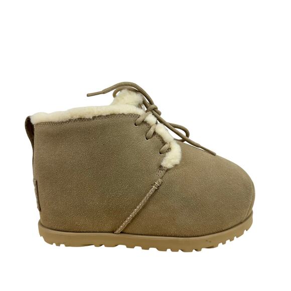 NEW UGG Size 6 Pumped Faux Fur Trim Mustard Seed Platform Suede Bootie Shoes - Picture 1 of 9